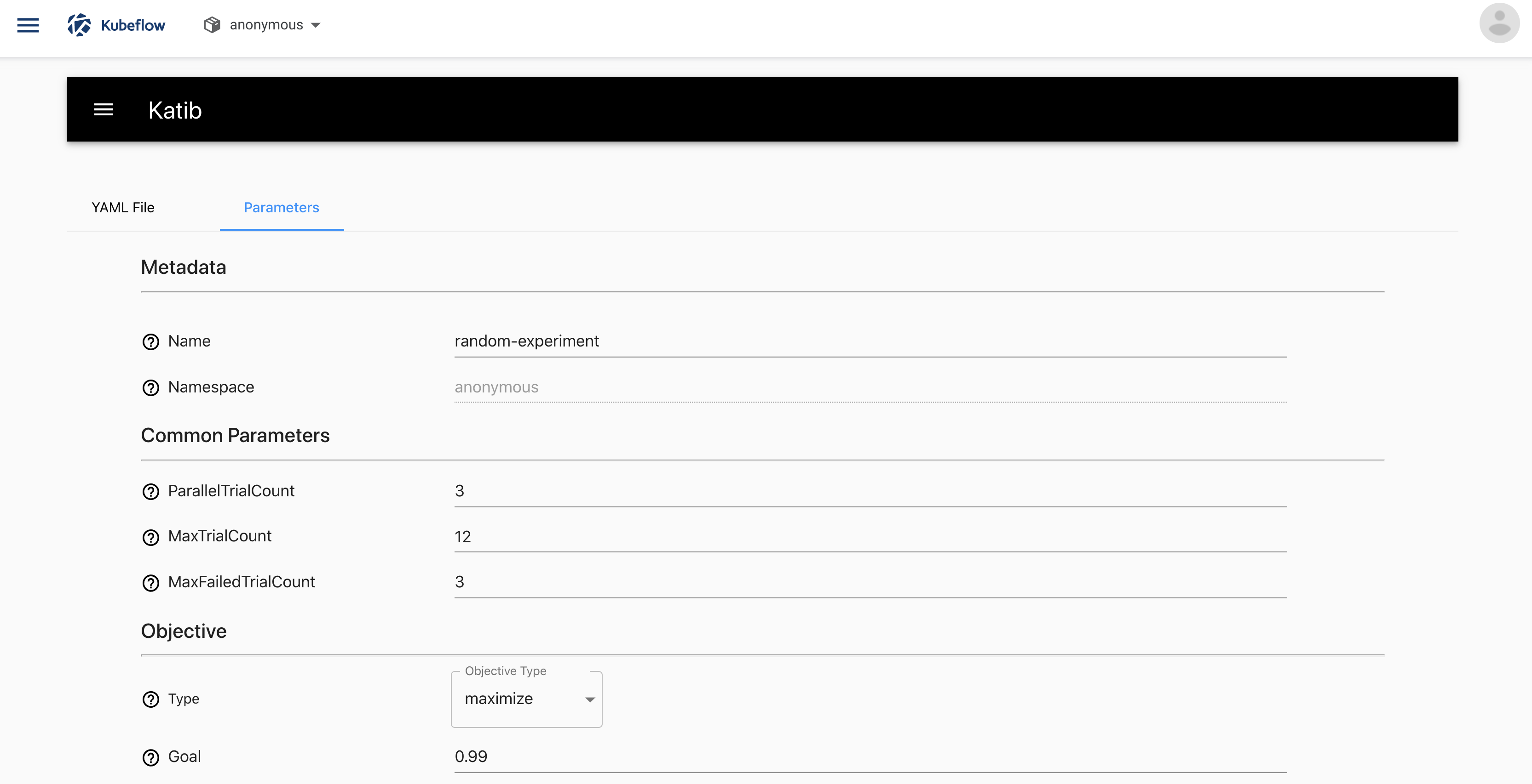 UI form to deploy a Katib experiment
