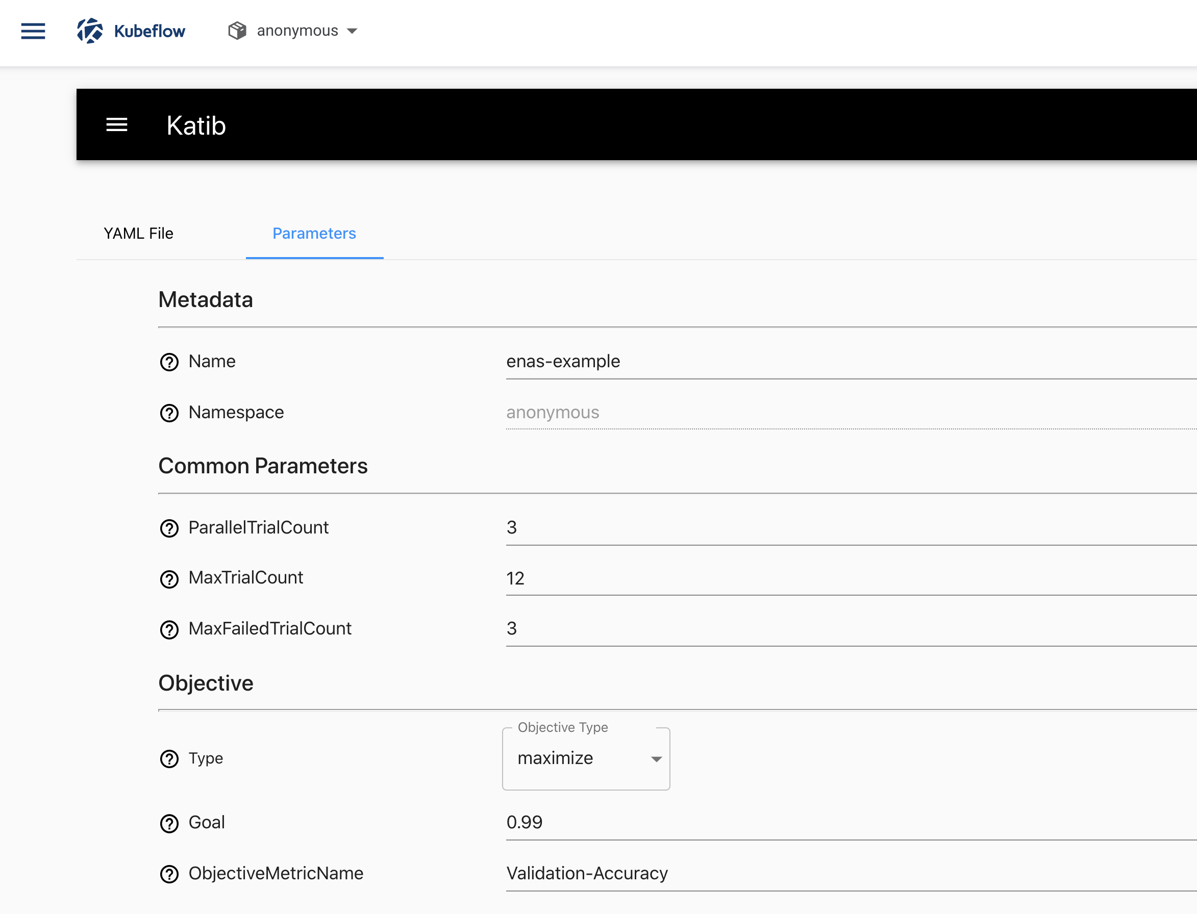 Submitting a neural architecture search from the Katib UI